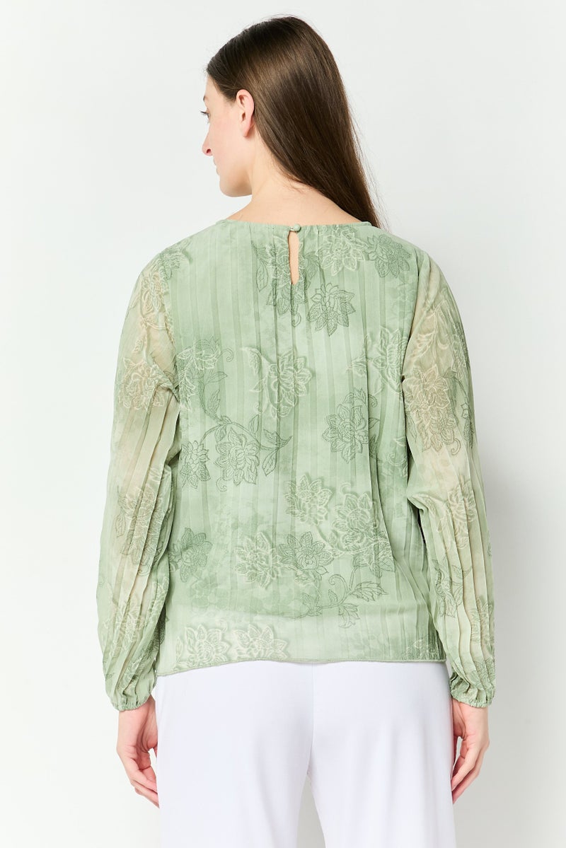 bebe Women Round Neck Floral Print  Long Sleeve Blouse, Green - Image 4